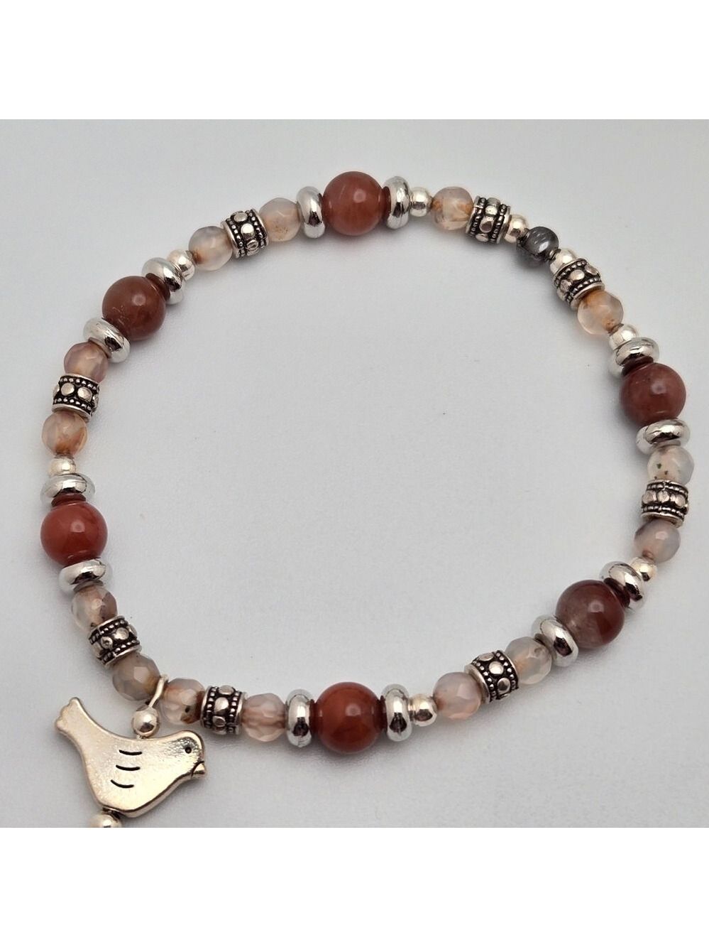 Handmade Red Agate & Clear Quartz Stretch Bracelet with Bird Charm 8”